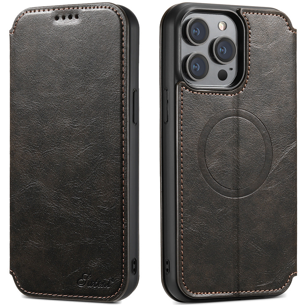 Boîtier de téléphone de protection sans fil de chargeur magnétique en cuir
