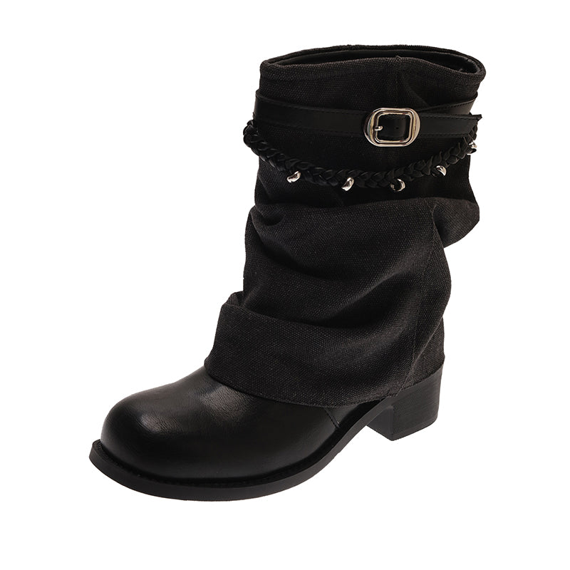 Style Vintage Block Talon plissé Pantalons Tube Bottes Femmes Automne Arrivée Trendy Fashion Boo