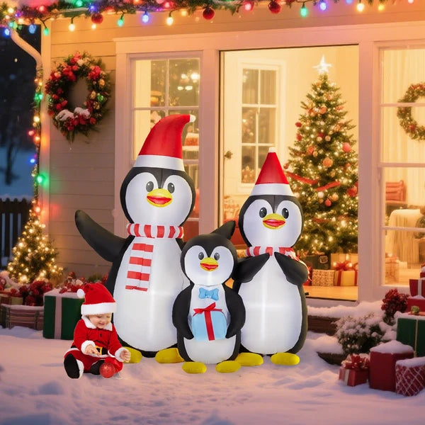 6FT Lighted Christmas Inflatable Decoration, Inflatable Penguin Family, Funny Blow Up Yard Decorations With Built-in LED Lights For Holiday Party Fron