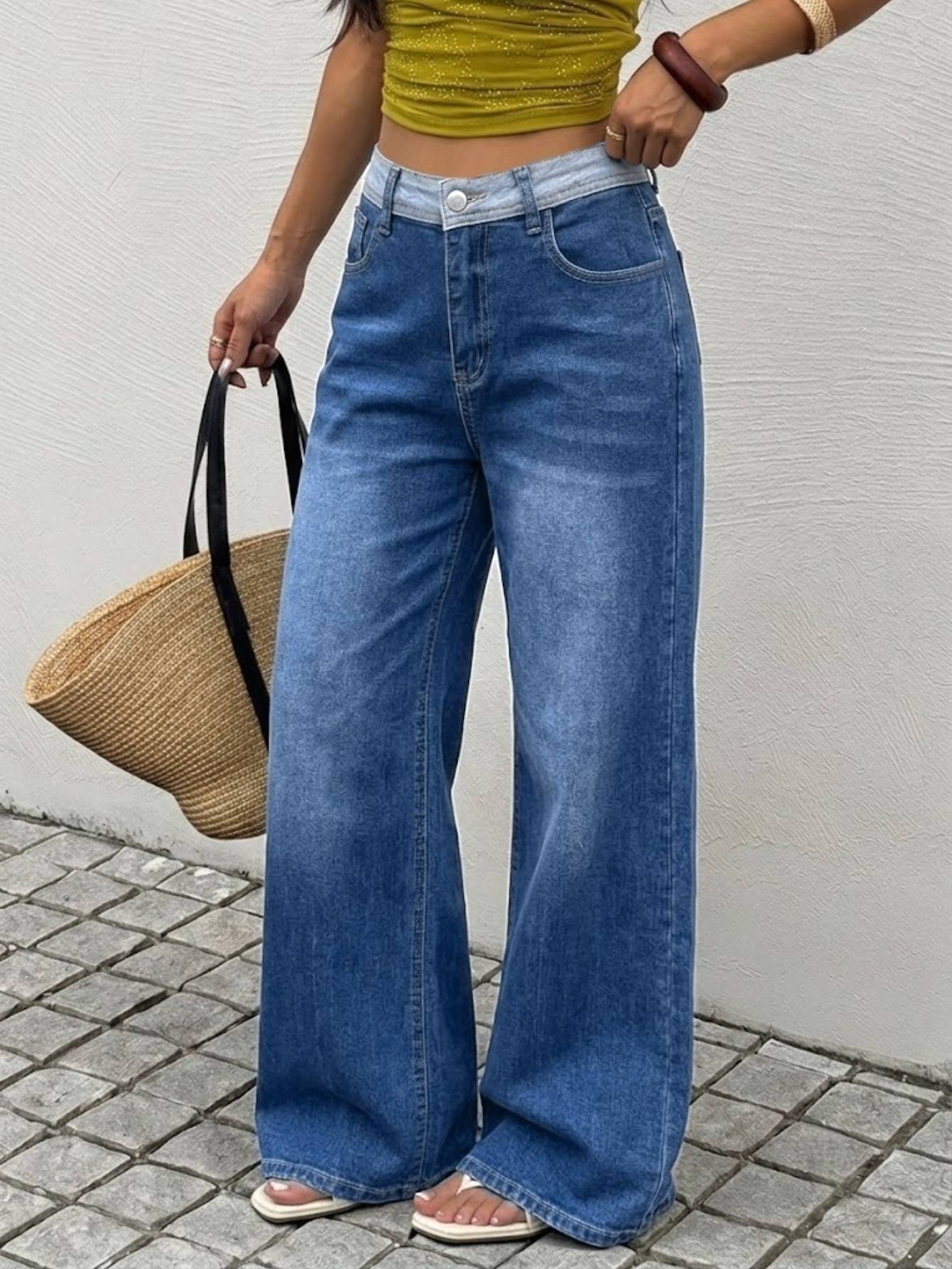 Femmes Contraste Waistband Haute Denim Jeans Denim Moyen Bleu Loose Large Leg Soft Laved Cas