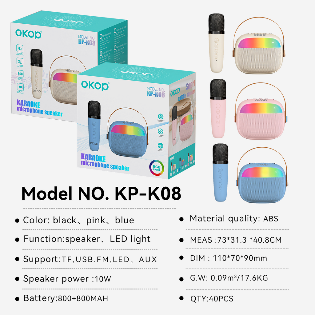 KP-K08 Haut-parleur Bluetooth Karaoke En stock Caractéristiques RGB Éclairage ambiant Longue durée de vie de la batterie