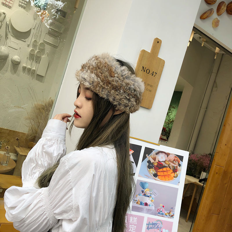 Influenceur Style Lapin Fur Visor pour l'automneHiver chaud Fashionable et large bande de tête en peluche