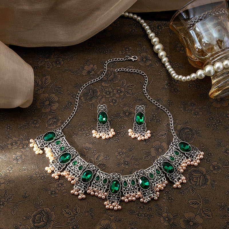 Boucles d'oreilles vintage Emerald Style ethnique Square Tassel Perle Pendentif bijoux costume
