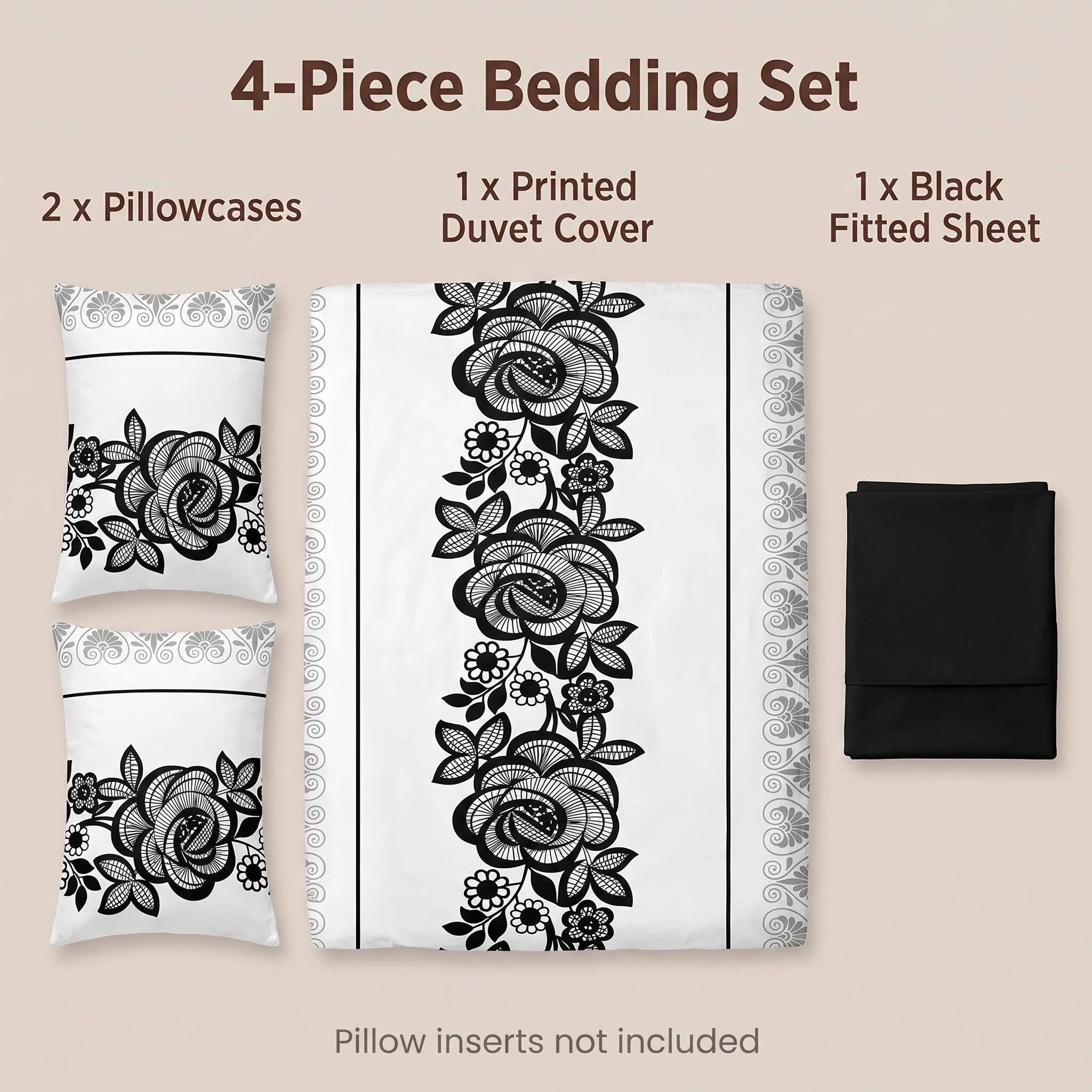 4 pièces noir et blanc Bohème Floral Couvercle de couverture de lit pour la Reine