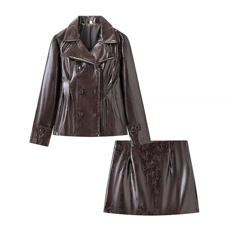 Brevet craqué Faux Cuir Double Breasted Short Blazer & High Waist Mini A-Line Jupe Tw
