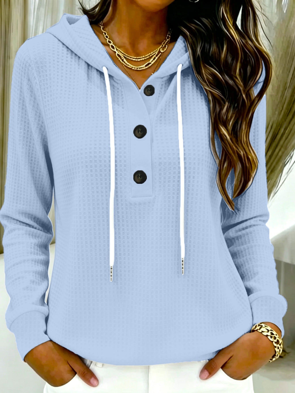 Button-Up V-Neck Long Sleeve Pullover Sports Hoodie