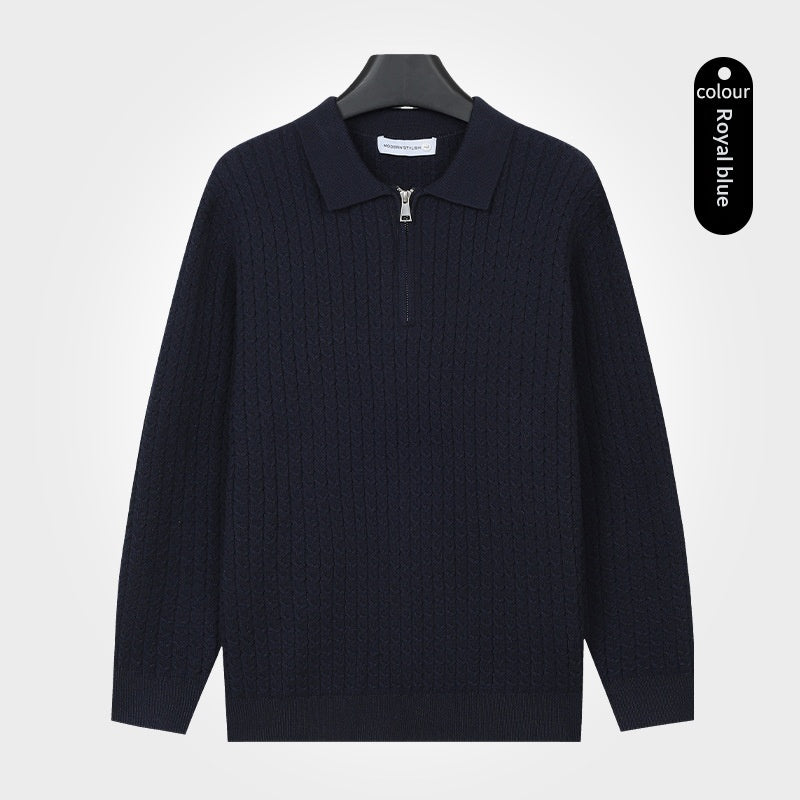 Hommes tricoté manches longues Top avec un lapel et demi-zip