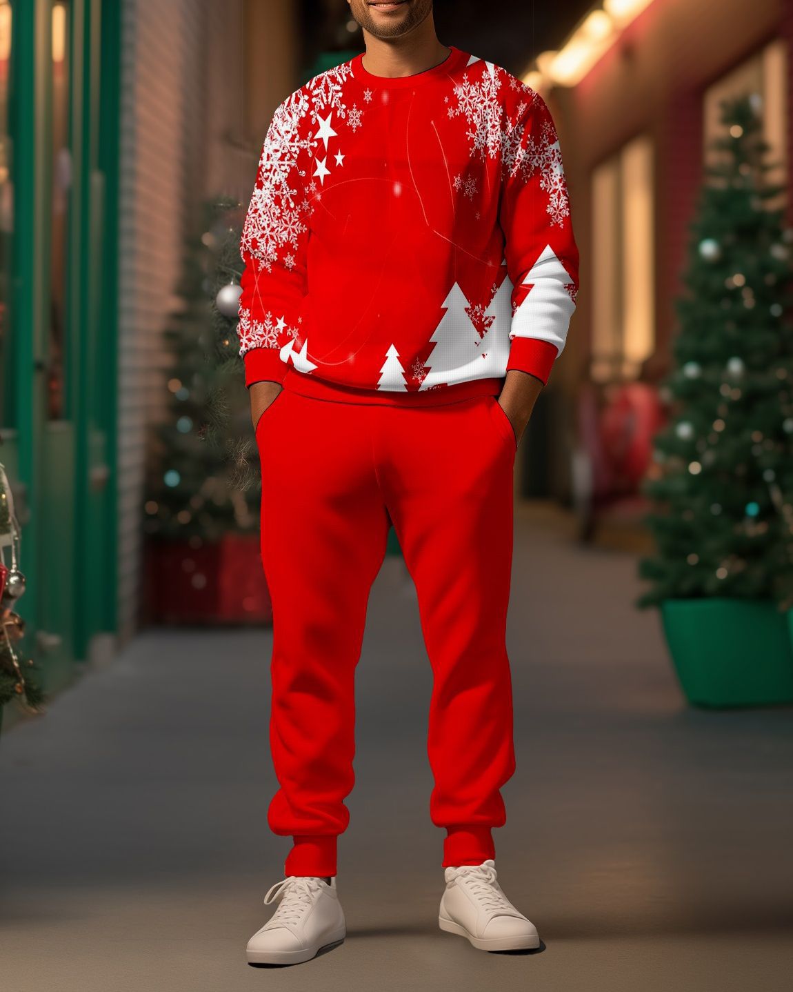 Autumn Men's Crew Neck Long Sleeve Top and Pantalons Set with Christmas Festival Prints