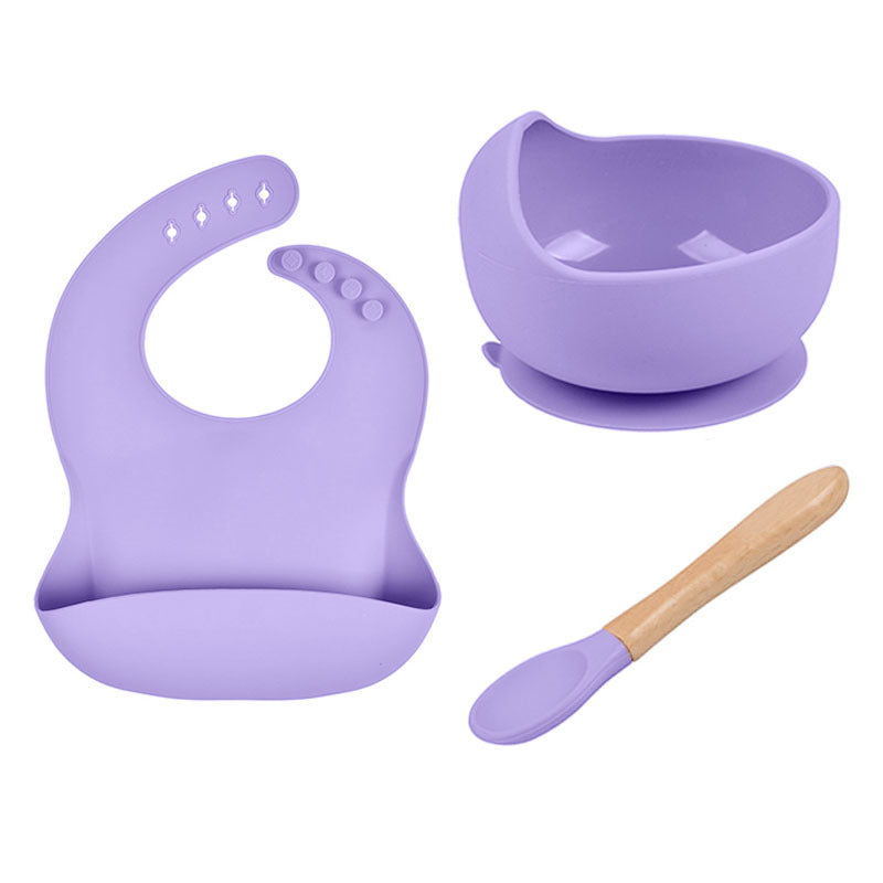 Baby Tableware Solid Food Bowl Silicone Bib Spoon en bois Ensemble de trois pièces