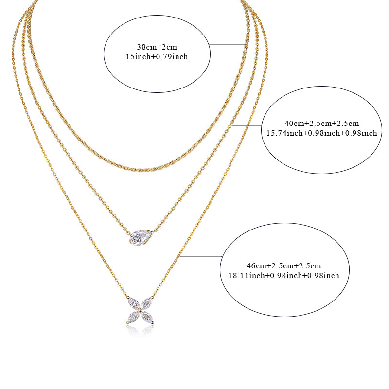 S925 Argent Sterling 7x11mm Poire Moissanite 3-Layer Collier 40cm 10,8g plaqué or GRA Ce