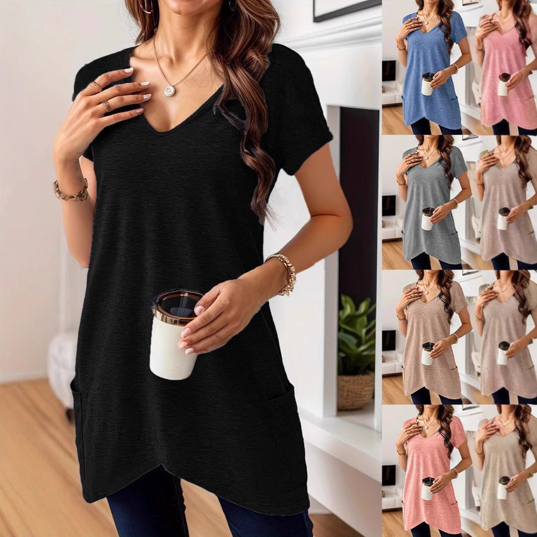 Printemps et été Amazon Européen et Américain Femmes Solid Couleur Col V Poche Casual Al