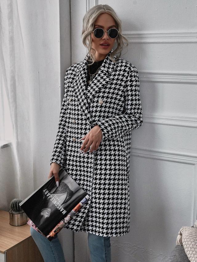 Amazon AliExpress Automne et hiver Mode Houndstooth Imprimer long manteau de laine