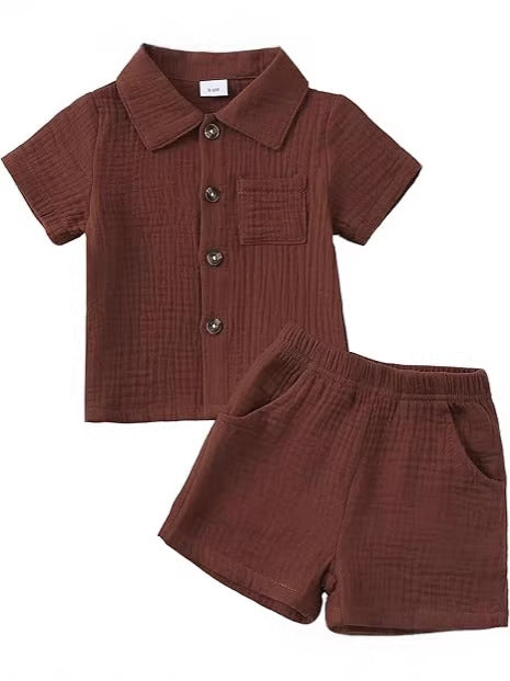 Bébé garçon coton-liné de couleur solide tissu texturé Collier à manches courtes supérieur élastique Wa