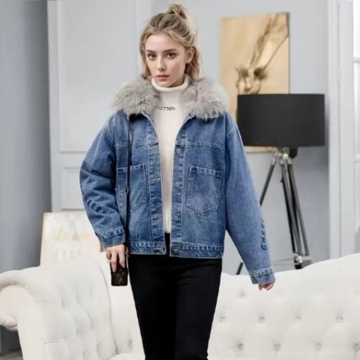 Veste de denim doublée de polaire Femmes chaud Hiver Faux Fur Collar Oversize Jean Veste prête