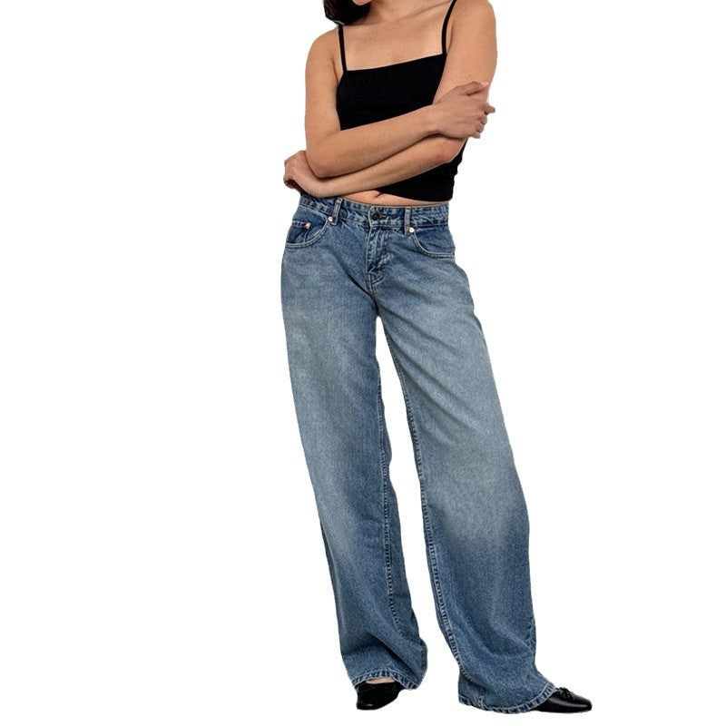 American Style Retro Low Waist Non élastique Lavé droit Jeans Femme Autumn Street Wid