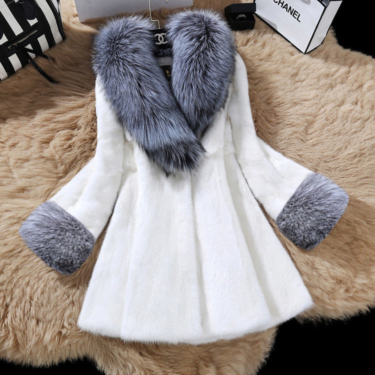 Femmes Faux Argent Collier de fourrure de renard Faux Mink Fur Coat