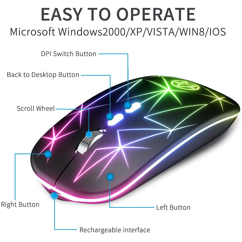 Bluetooth Mouse sans fil Double mode de charge lumineuse de bureau 5 clés métal Roller