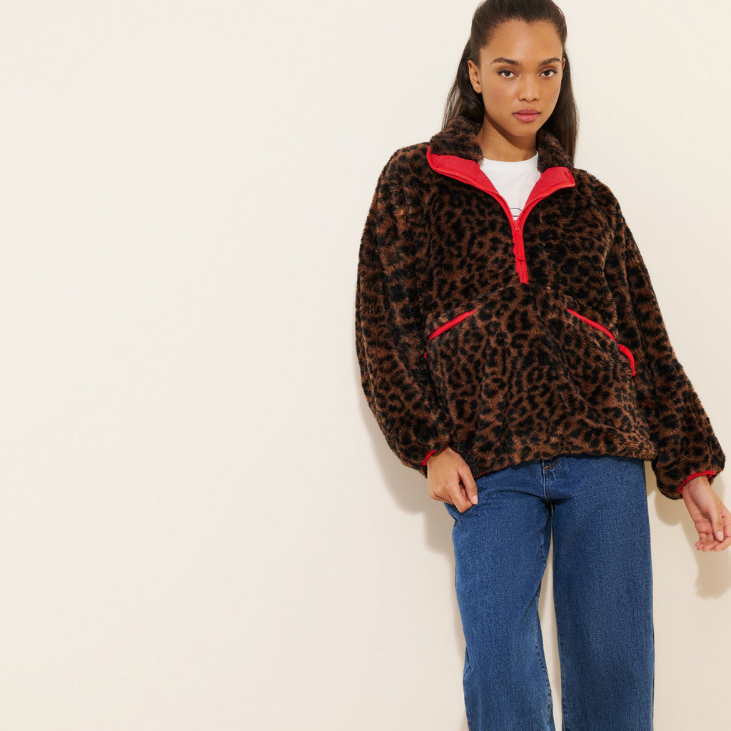 Retro coloré Floral Stand-collar Faux Lambswool Half-zip Jacket