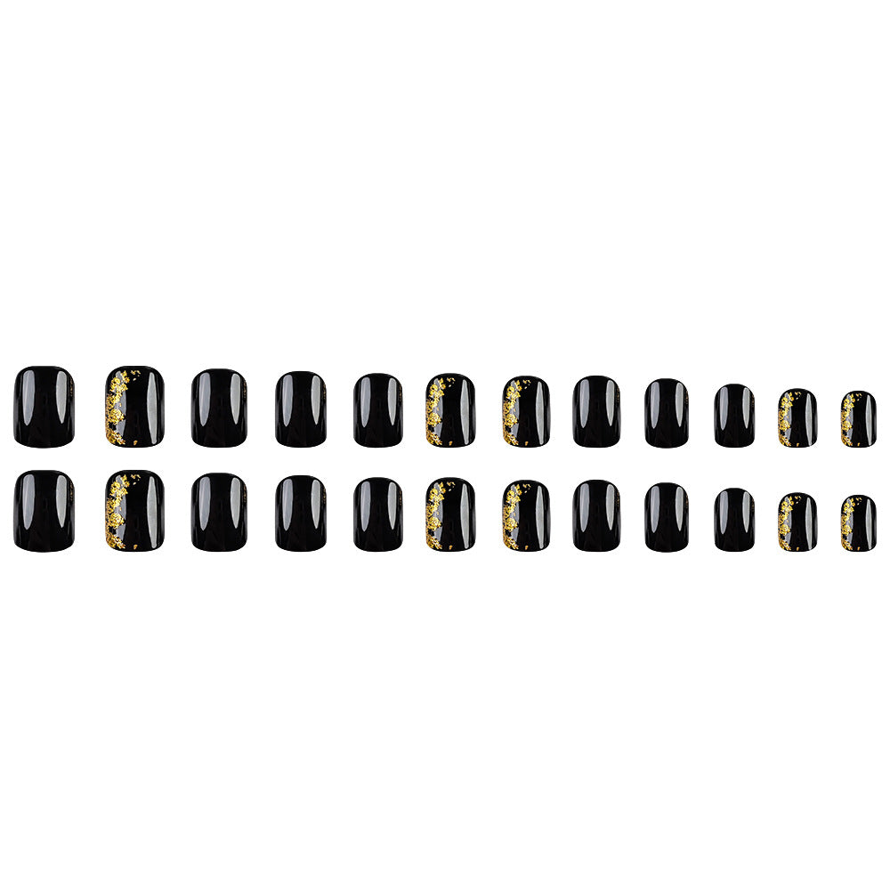Stickers 24 Pièces de Nail Acrylique Carré Court - Black False Nails avec Foil Or et Gli