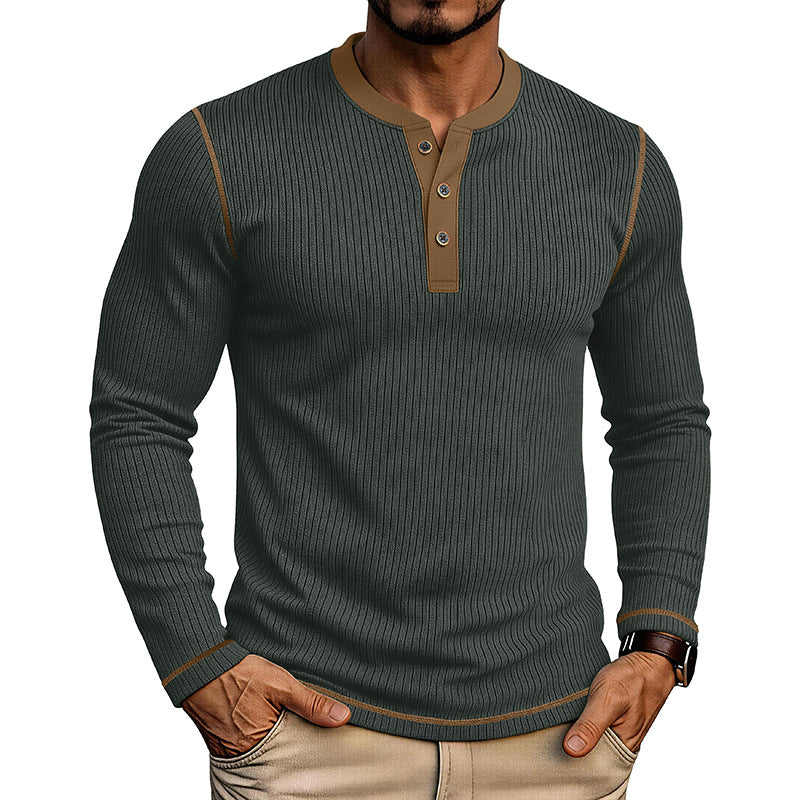 T-shirt manches longues pour hommes avec un chandail Henley bloqué en couleur