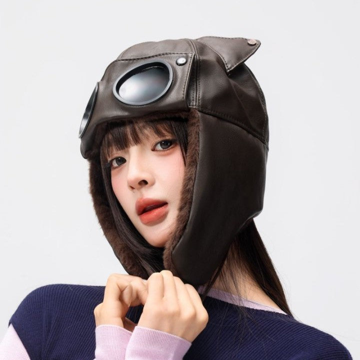 Femmes mignon Cat-ear Retro cuir Lei Feng Cap