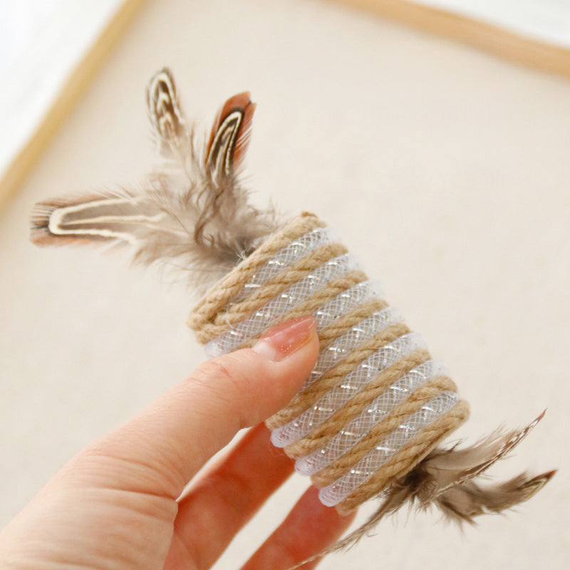 Jouet avec plumes de chat Rope de chanvre pour griffe auto-agrippante Rouleau sonore pour animaux de compagnie Bi