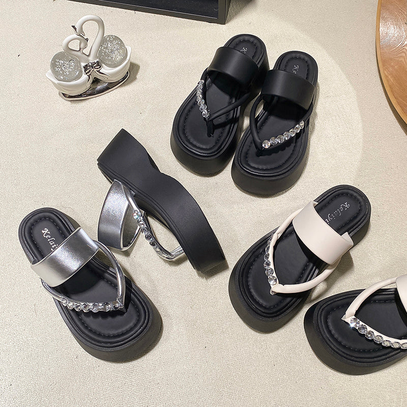 Women Summer Rhinestone Crystal Chain Platform String Sandals Slide Matching Daily