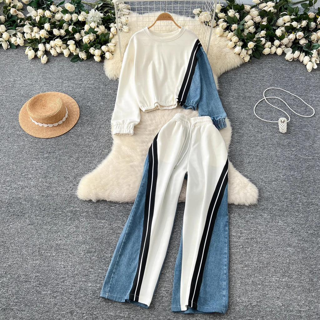 Color-block Hoodie High-Wisted Denim Patchwork Pantalons à large jambe Ensemble de deux pièces