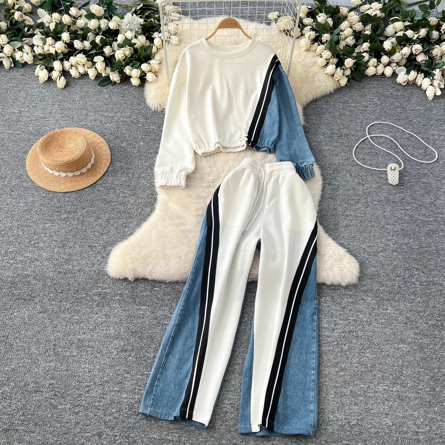 Color-block Hoodie High-Wisted Denim Patchwork Pantalons à large jambe Ensemble de deux pièces