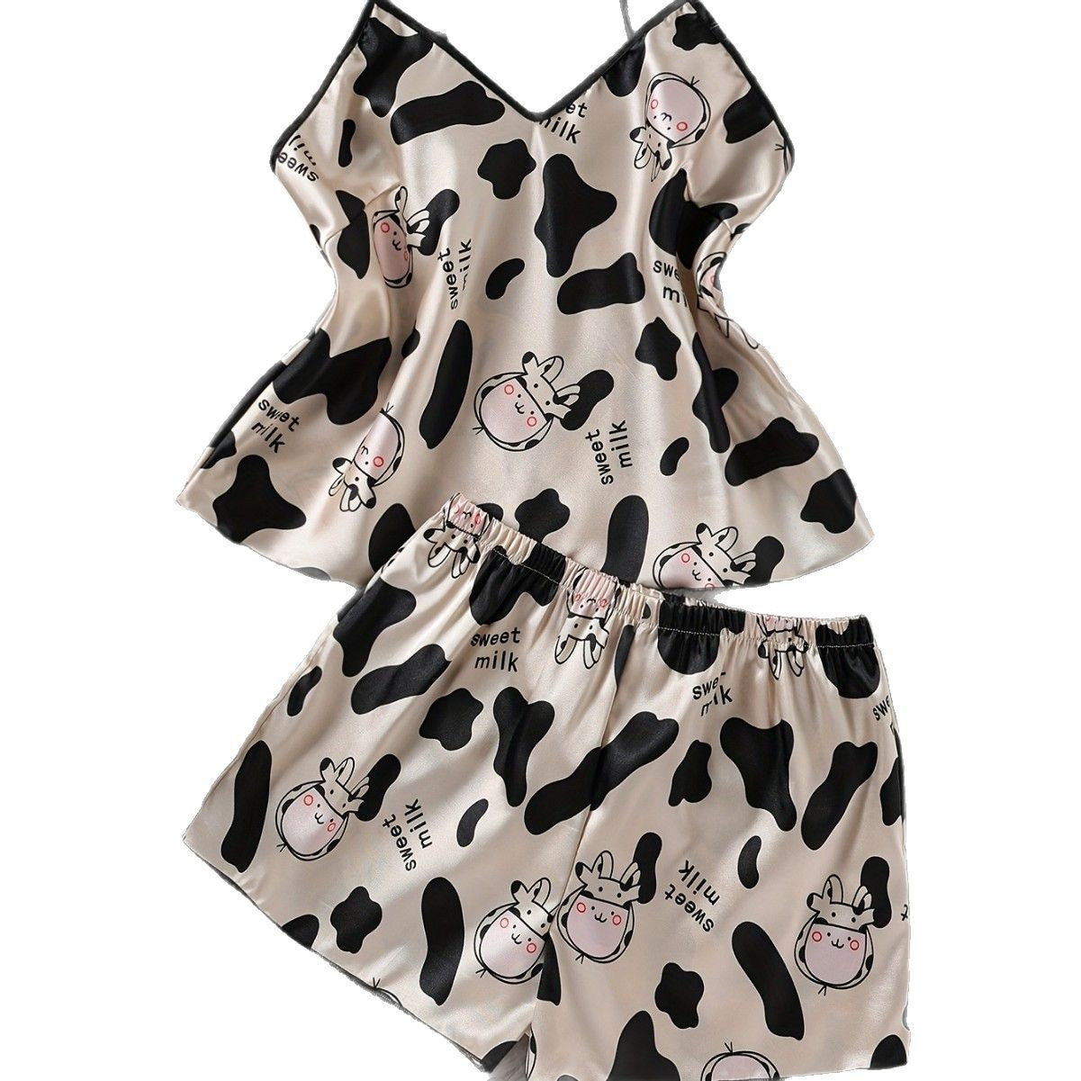 Femme Silk Cow Print Cozy Cool Home Jumpsuit Short Set