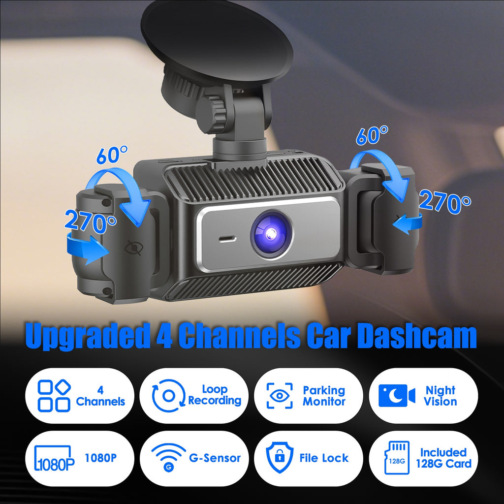 Cam 4 canaux avec carte MMC 128G 1080P avant 720P gauche droite 480P arrière G-sensor P