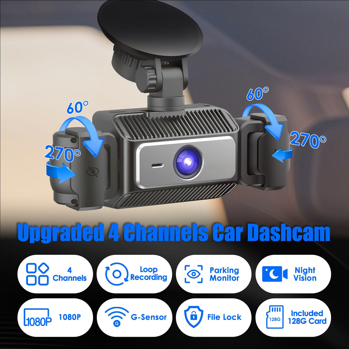Cam 4 canaux avec carte MMC 128G 1080P avant 720P gauche droite 480P arrière G-sensor P