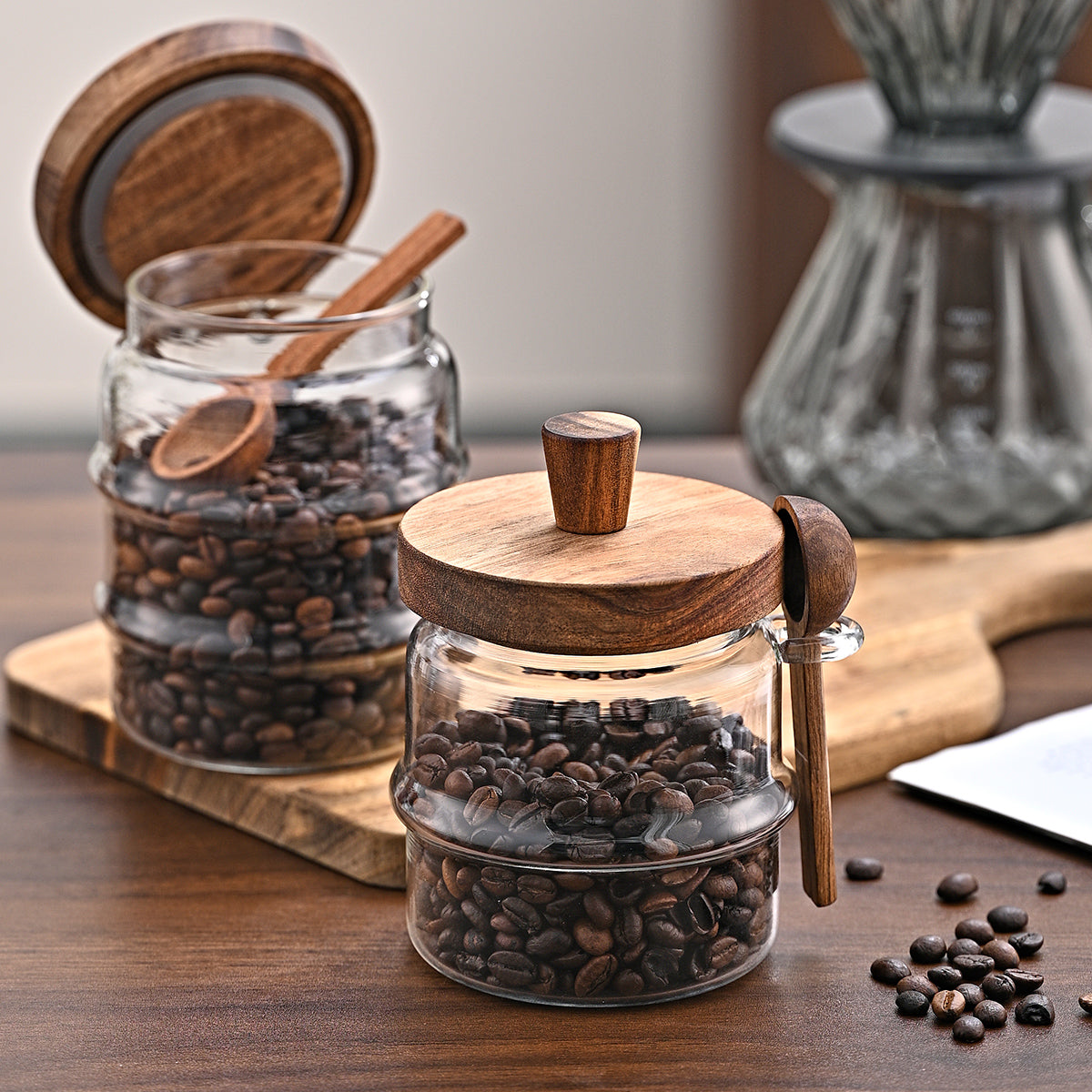 3 pots de café en verre Pcs avec cuillères