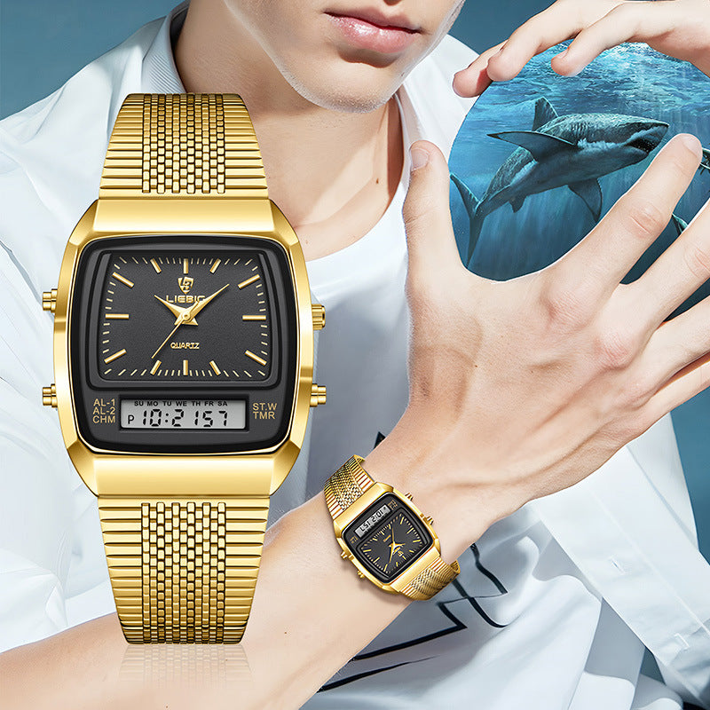 Business Casual Mesh Belt Waterproof Double Display Montre électronique Quartz