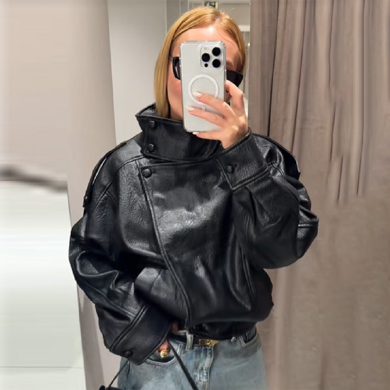 Veste en cuir retro biker-Style avec support de collier