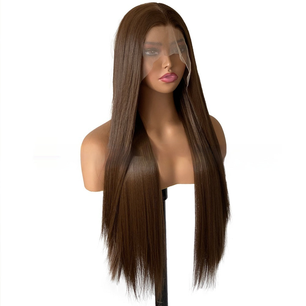 Perruque femelle brune longue droite ligne de cheveux artificielle tête de dentelle