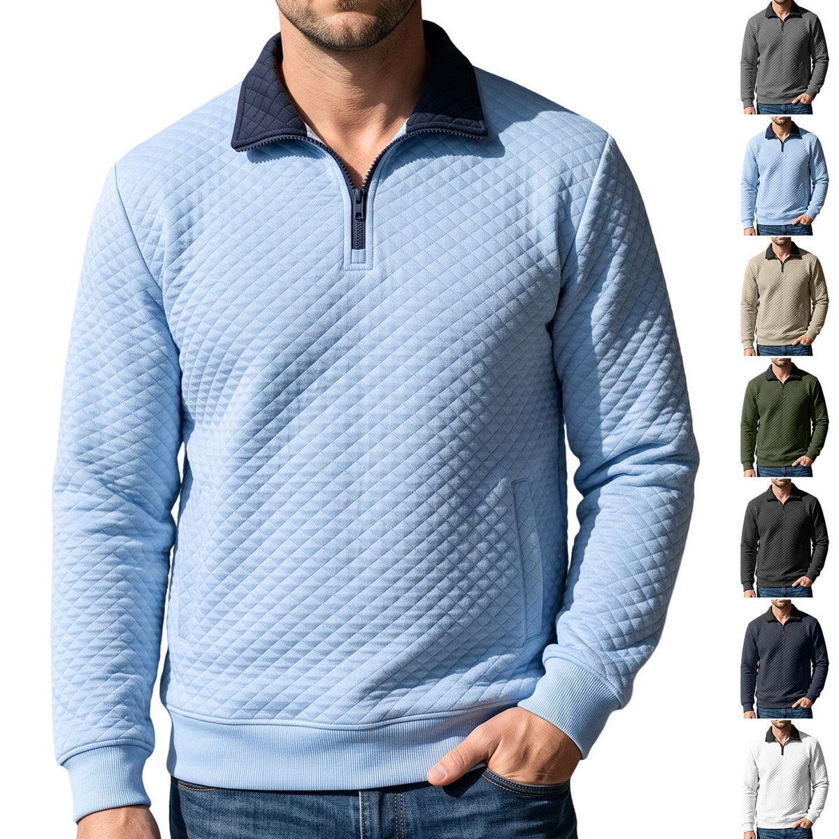 Men's Diamond-Check Half-Zip Stand-Collar Long-Sleeve Sweatshirt