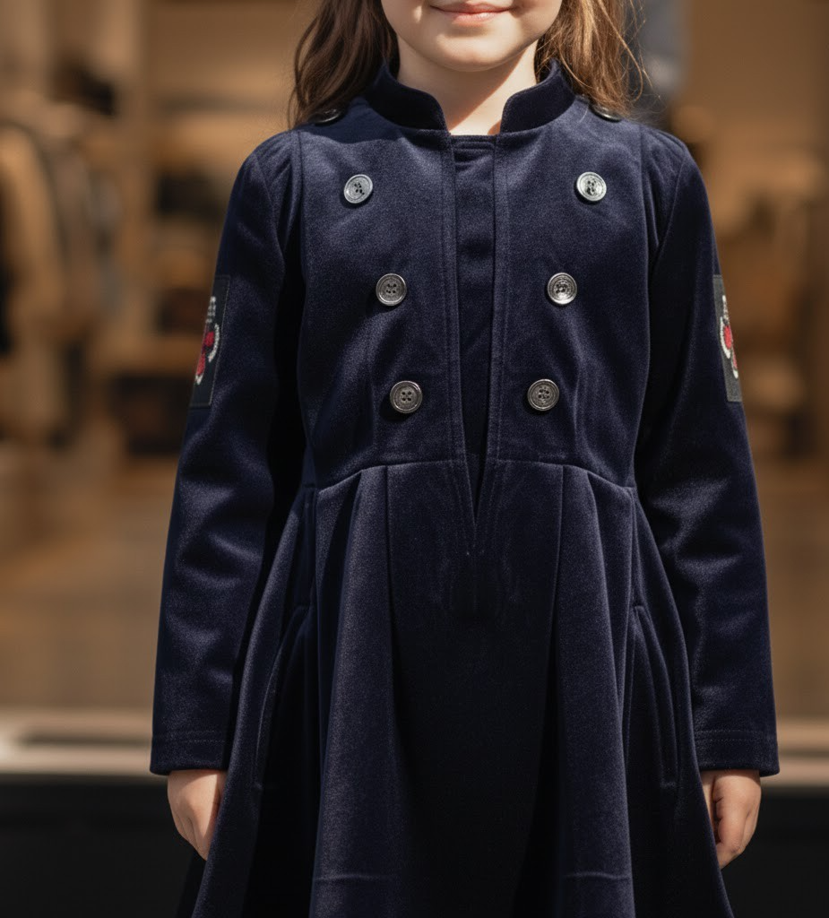 Robe de trench en velours bleu marine vintage fille 3-4-5 Y