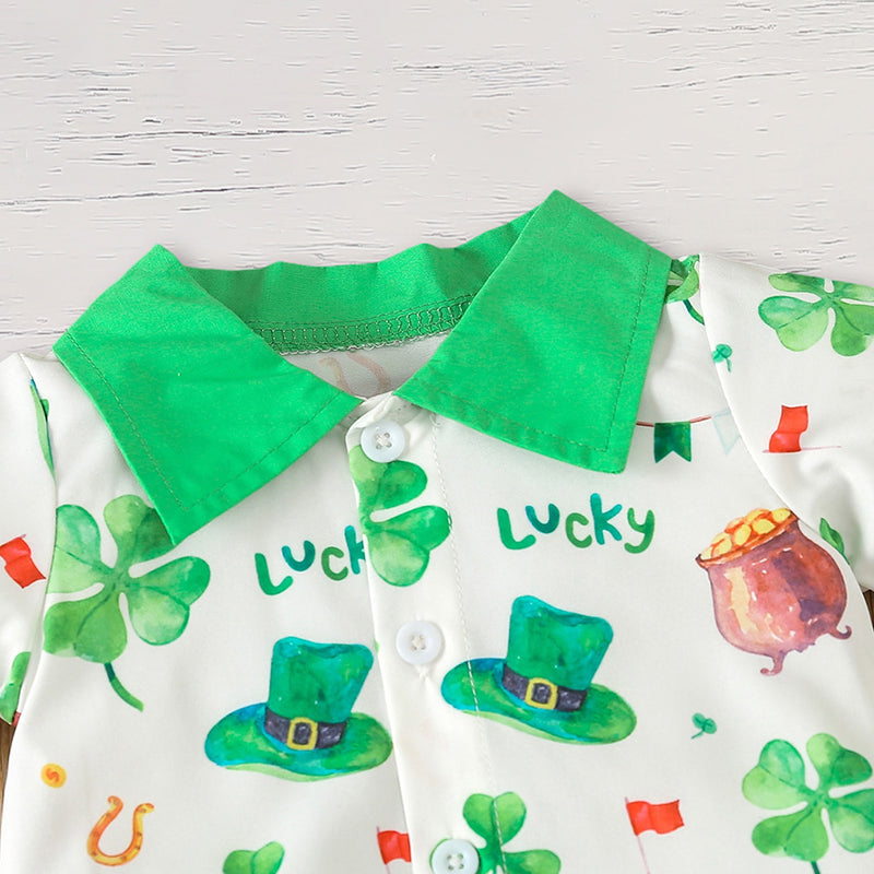 Bébé garçon nouveau-né St. Patrick vêtements manches courtes Clover Imprimer Romper & Suspenders P
