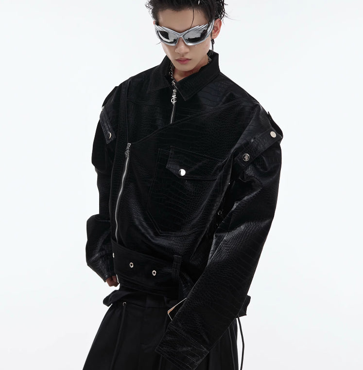 Épaule rembourrée PU Cuir Coat Deconstruction Design Sens