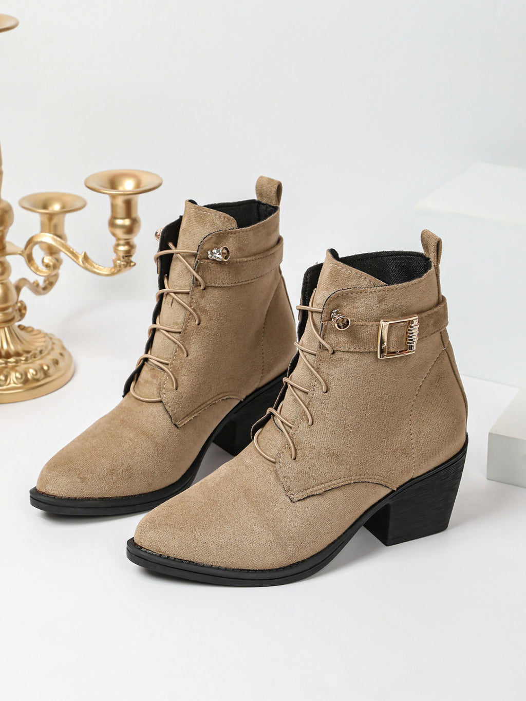 Femmes Vintage Khaki Nubuck Dentelle Up Ankle Bottes en métal Buckle Chunky Talon Western Cowgirl
