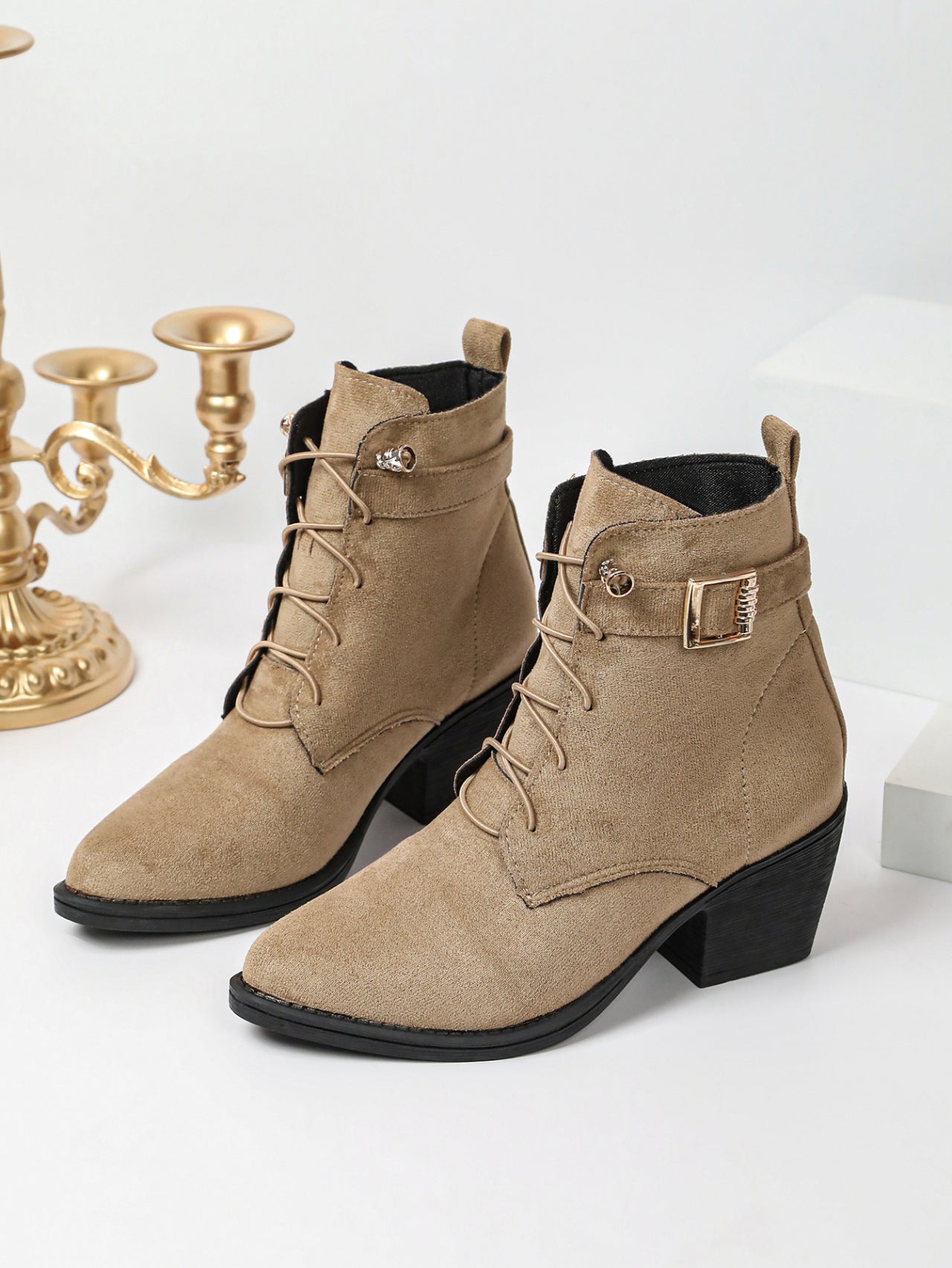 Femmes Vintage Khaki Nubuck Dentelle Up Ankle Bottes en métal Buckle Chunky Talon Western Cowgirl