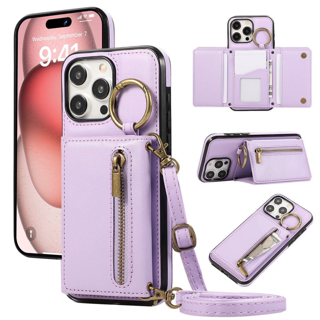 Convient pour IPhone16 Crossbody Mobile Phone Porte-cartes zippées à triple pli
