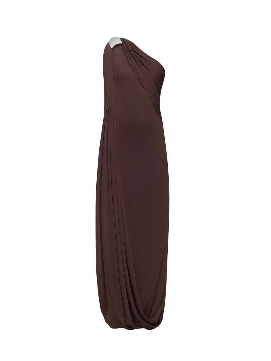 Une épaule drapée Maxi Gown avec des gants assortis