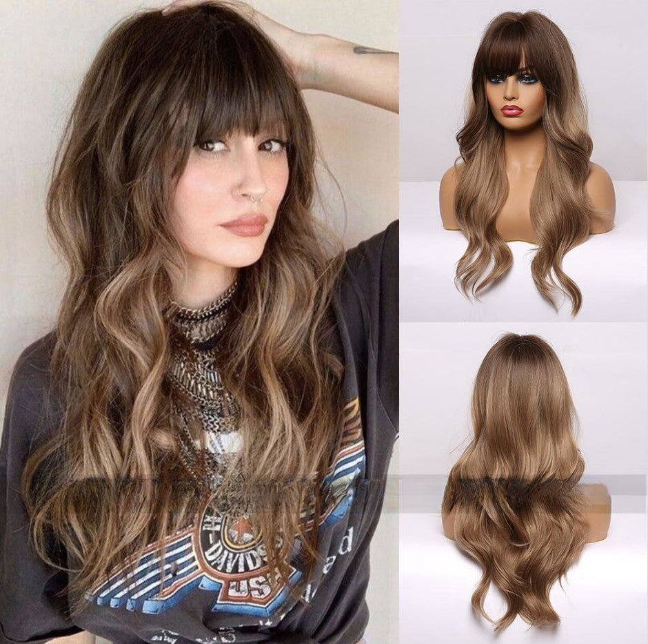 Femmes Black Brown Bangs Long Curly Wig