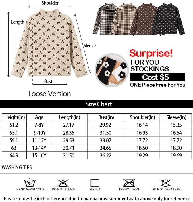 Askfine Filles Garçons Pattern Demi Col Tortue Chandails Enfants Chaud à manches longues Pull-over de tricot vers