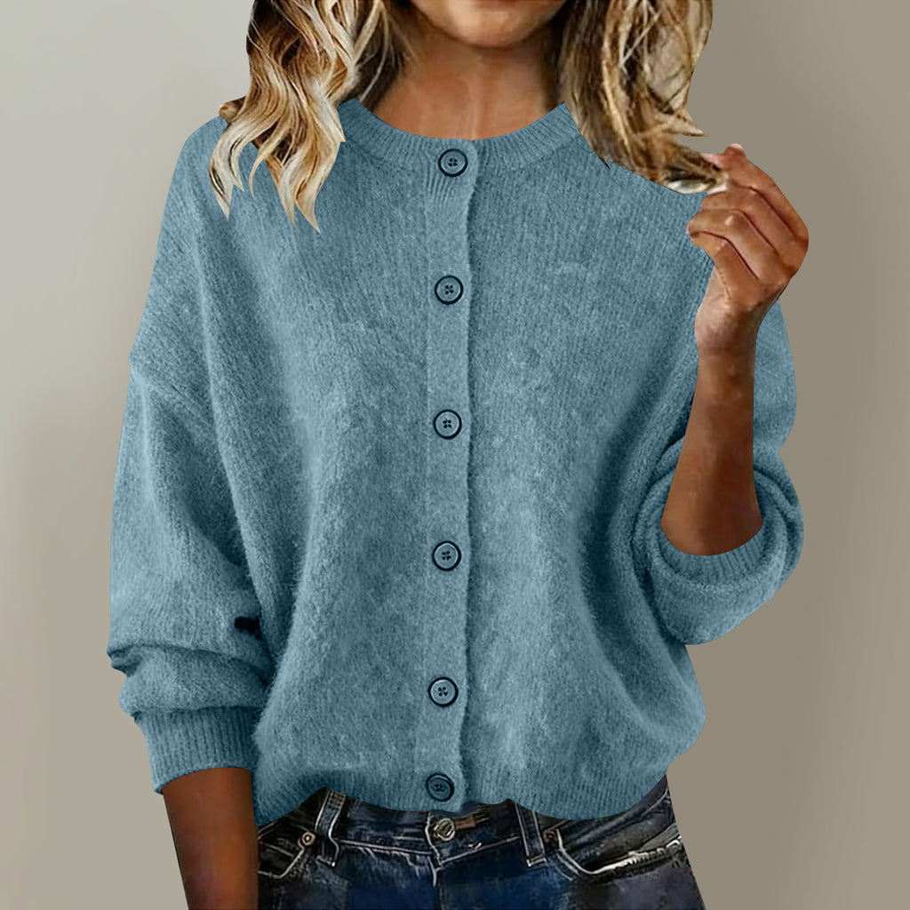 European and American Autumn and Winter Women's Knitted Round Neck Solid Color Long-Sleeved