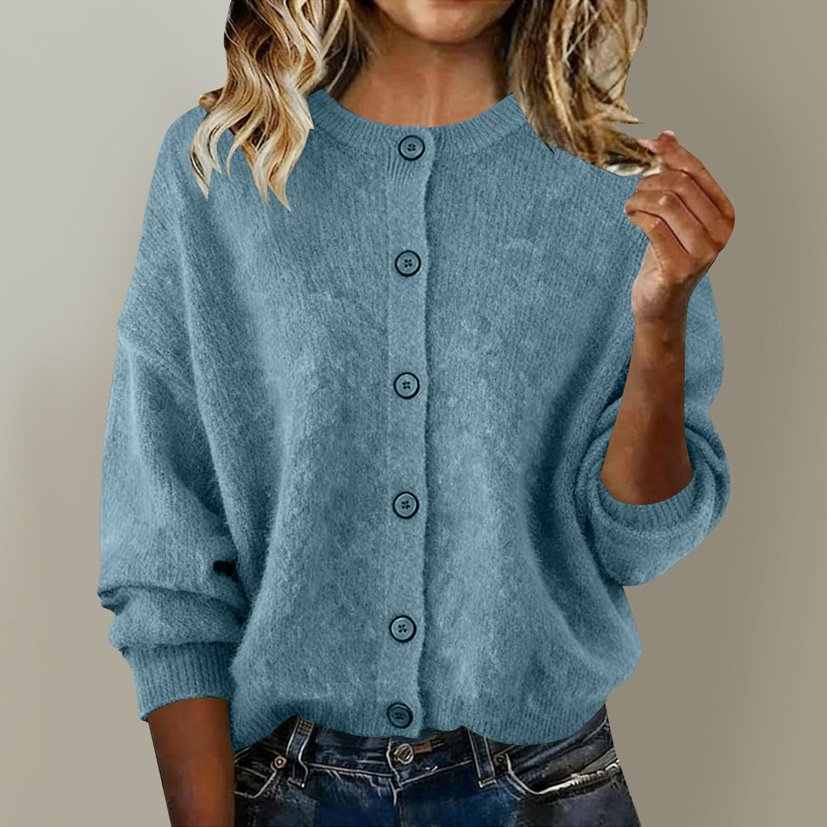 European and American Autumn and Winter Women's Knitted Round Neck Solid Color Long-Sleeved