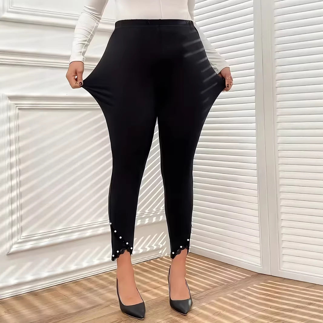 Pantalons en crayon pour femmes avec tige de dentelle et accessoires de perles pour vêtements de dessus