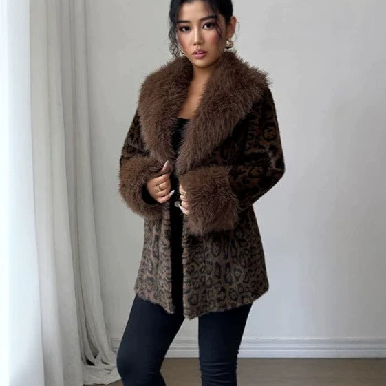 Faux fourrure Léopard-Imprimé Mink-Style manteau long rembourré
